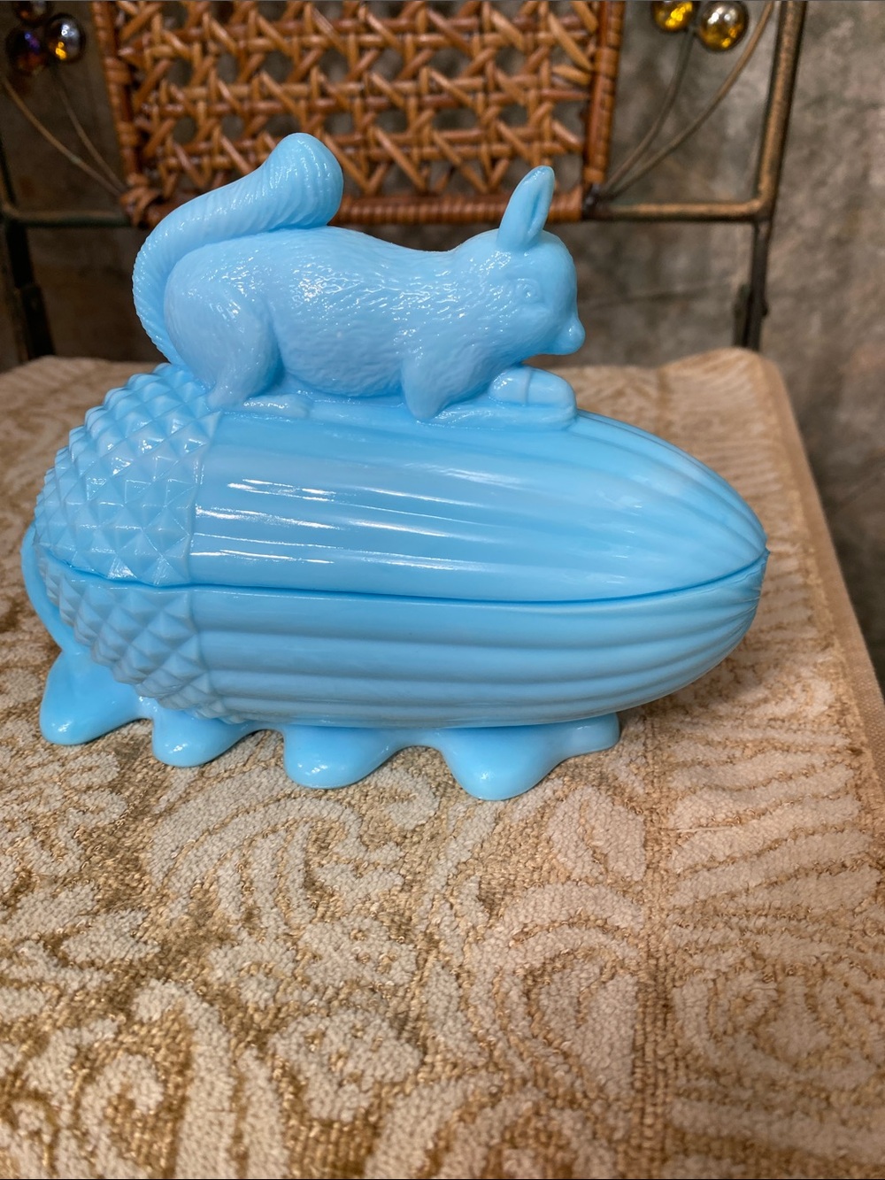 Portieux yallersthal vintage blue milk glass squirrel acorn trinket dish bowl